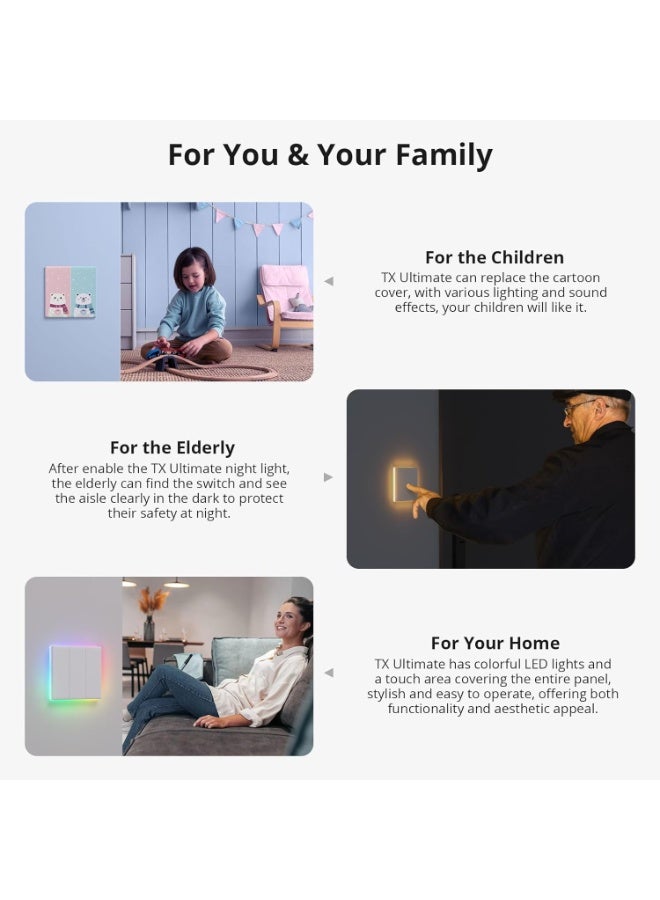 سونوف سويتش حائط ذكي SONOFF TX Ultimate رباعي المفاتيح (4 Gang) بلمس كامل مع إضاءة RGB، يوفر تحكمًا باللمس الكامل، والتحكم عبر الأتمتة، والتحكم الصوتي، والتحكم الذكي ثنائي الاتجاه، مع غطاء قابل للاستبدال، ومتوافق مع Alexa و Google Home، باللون الأبيض. - Image 2